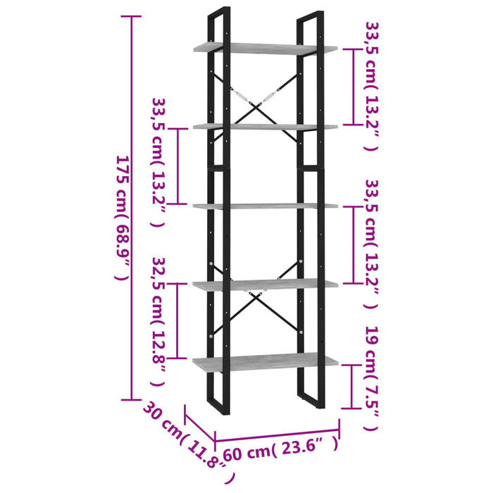Bibliotecă cu 5 rafturi gri beton, 40x30x175 cm, lemn prelucrat - WALTI WALTI