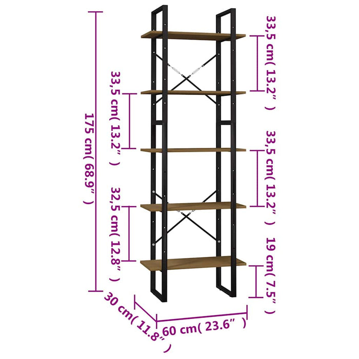 Bibliotecă cu 5 rafturi, maro, 60x30x175 cm, lemn masiv de pin WALTI