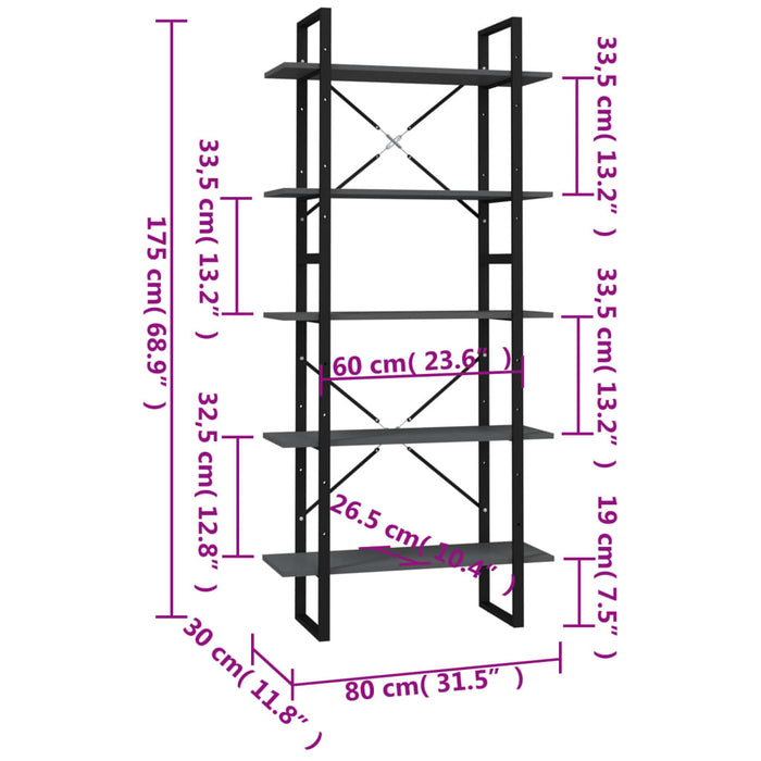 Bibliotecă cu 5 rafturi, gri, 80x30x175 cm, lemn prelucrat - WALTI WALTI