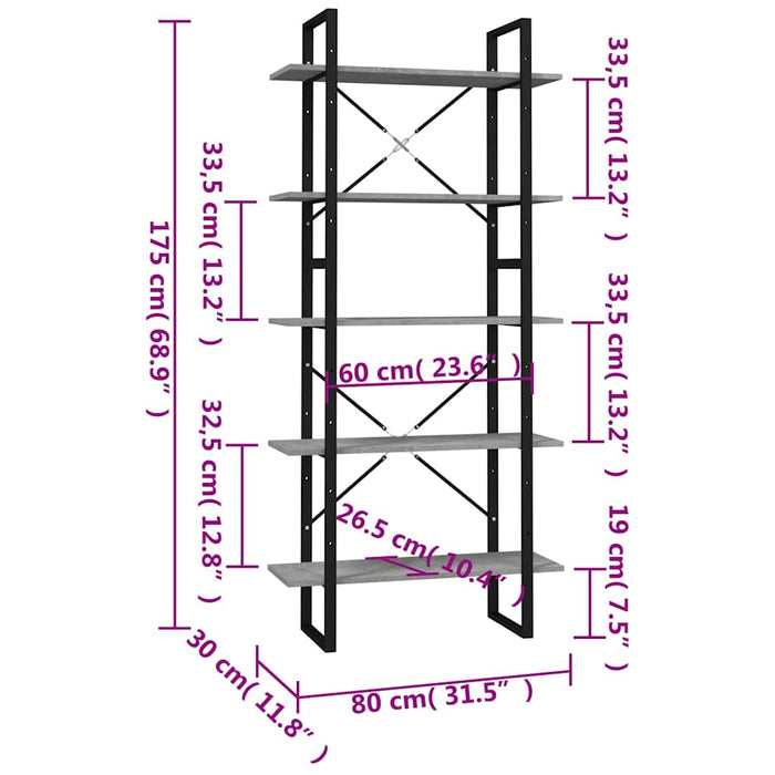 Bibliotecă 5 rafturi, gri beton, 80x30x175 cm, lemn prelucrat WALTI