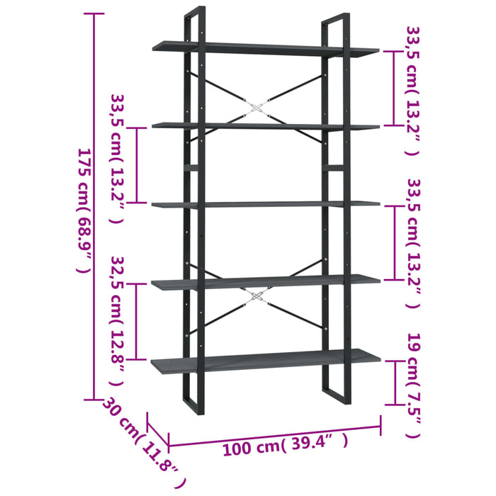 Bibliotecă cu 5 rafturi, gri, 100x30x175 cm, lemn masiv de pin - WALTI WALTI