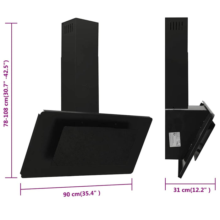Hotă de perete negru 90 cm oțel inoxidabil și sticlă securizată - WALTI WALTI
