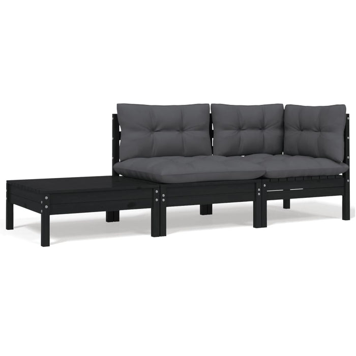 Set mobilier grădină cu perne, 3 piese, negru, lemn masiv pin - WALTI WALTI