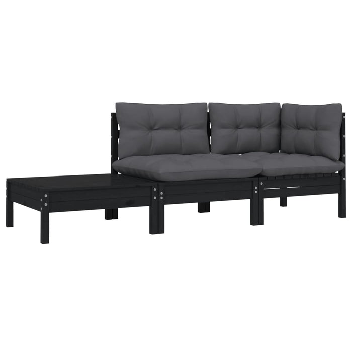 Set mobilier grădină cu perne, 3 piese, negru, lemn masiv pin - WALTI WALTI