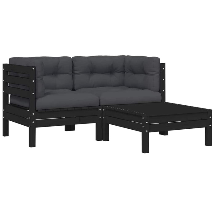 Set mobilier grădină cu perne, 3 piese, negru, lemn masiv pin WALTI