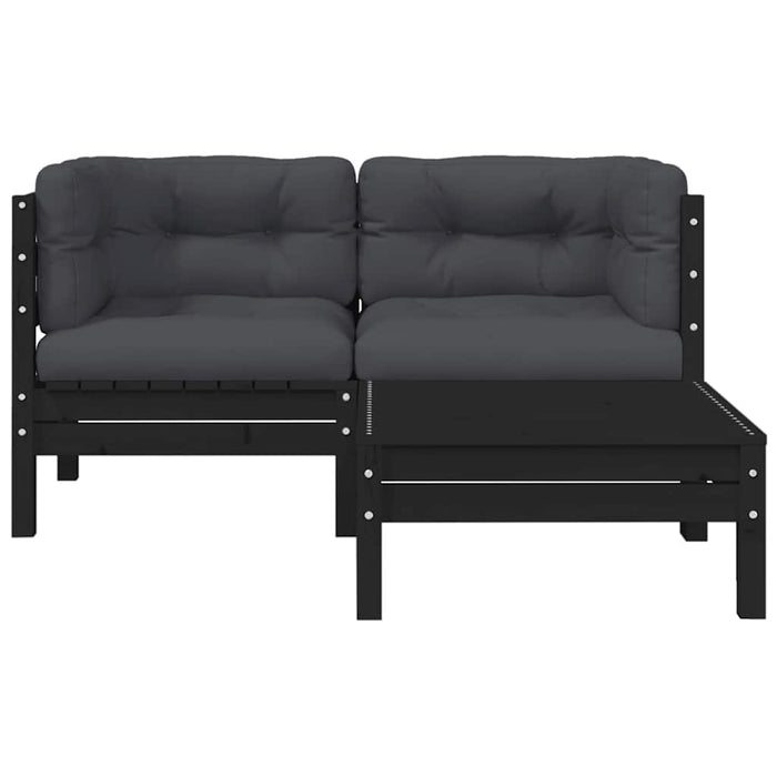 Set mobilier grădină cu perne, 3 piese, negru, lemn masiv pin WALTI