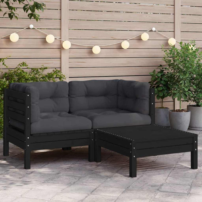 Set mobilier grădină cu perne, 3 piese, negru, lemn masiv pin WALTI
