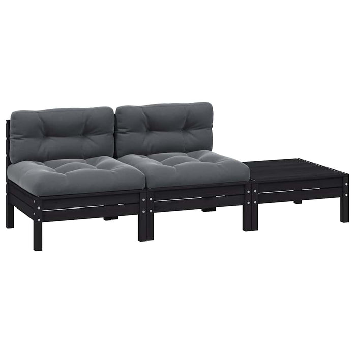 Set mobilier grădină cu perne, 3 piese, negru, lemn masiv pin WALTI