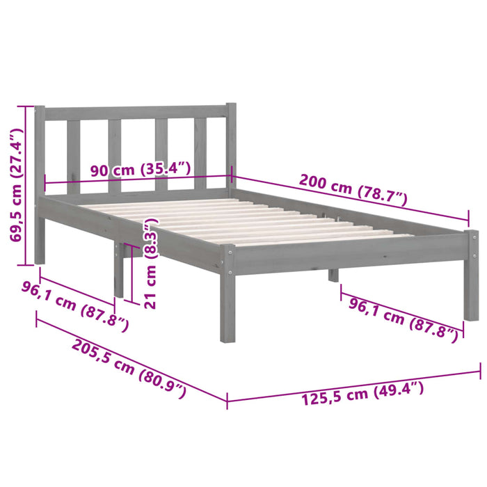 Cadru de pat, gri, 90x200 cm, lemn masiv de pin WALTI