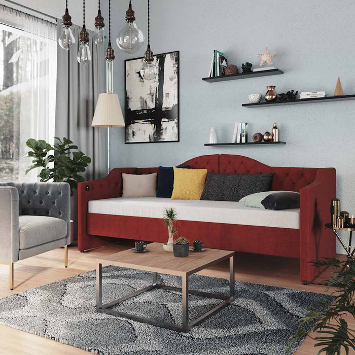 Pat de zi cu saltea & USB, roșu vin, 90x200 cm, textil WALTI