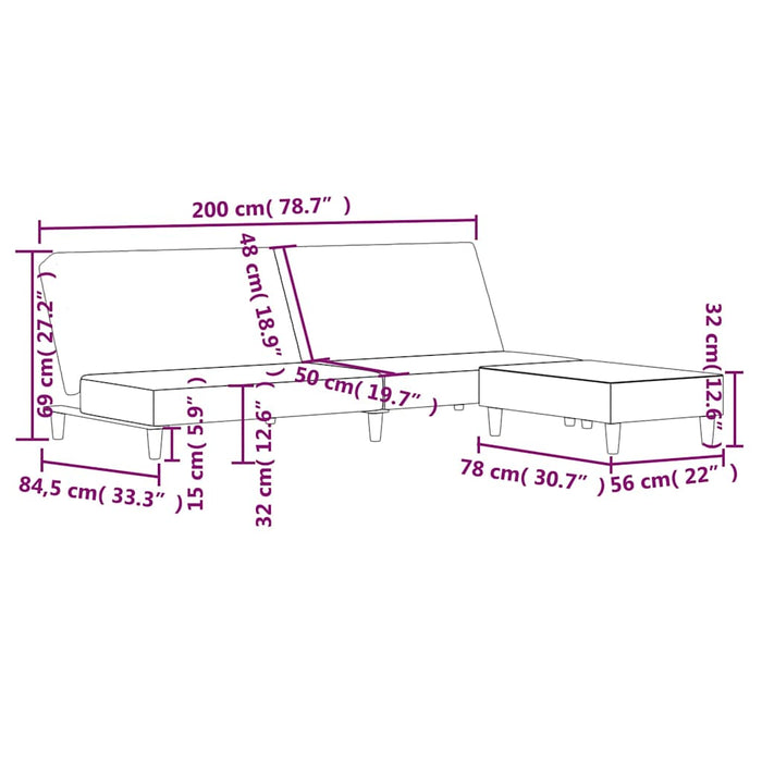 Canapea extensibilă cu 2 locuri și taburet, violet, textil WALTI