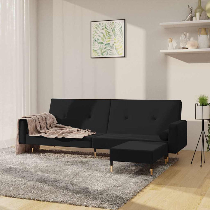 Canapea extensibilă 2 locuri, cu taburet, negru, catifea WALTI