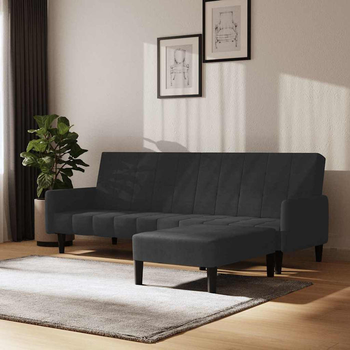 Canapea extensibilă 2 locuri, cu taburet, negru, catifea WALTI