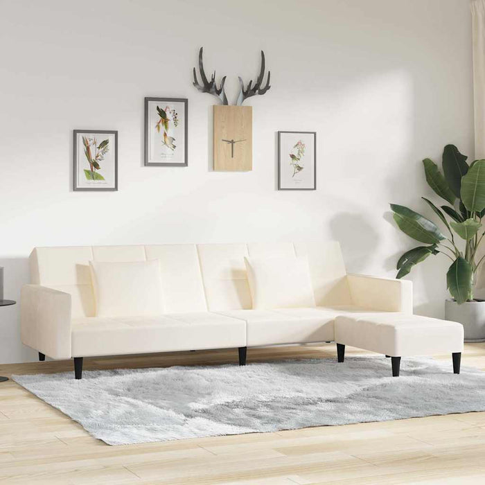 Canapea extensibilă cu 2 locuri, 2 perne/taburet, crem, catifea WALTI