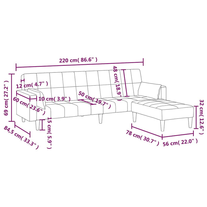 Canapea extensibilă 2 locuri, 2 perne/taburet, negru, textil WALTI