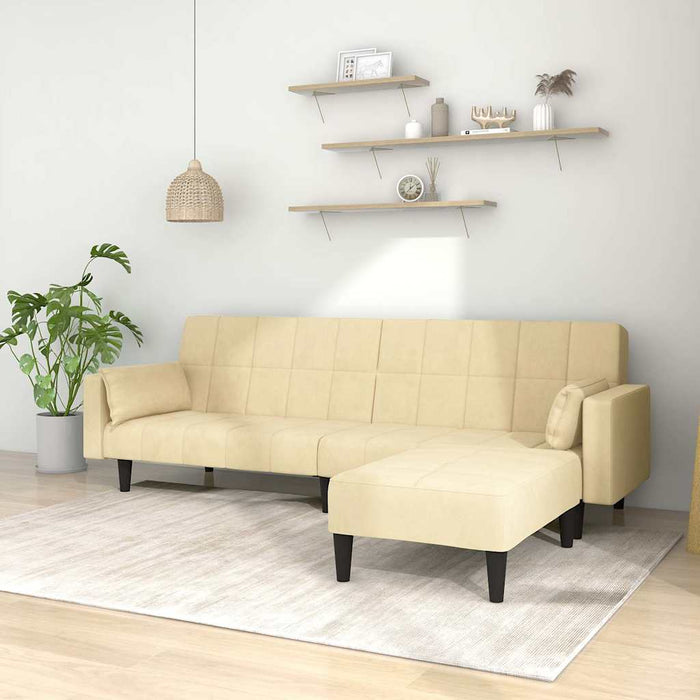 Canapea extensibilă cu 2 locuri, 2 perne/taburet, crem, catifea WALTI