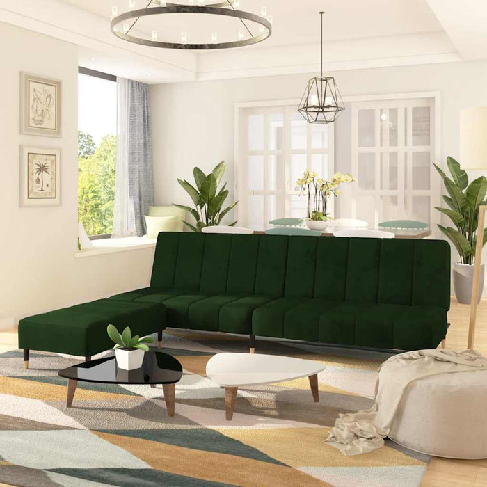 Canapea extensibilă 2 locuri, cu taburet, verde închis, catifea WALTI