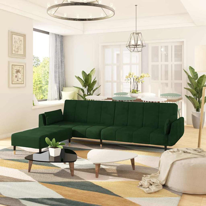 Canapea extensibilă 2 loc. taburet/2 perne catifea verde închis WALTI