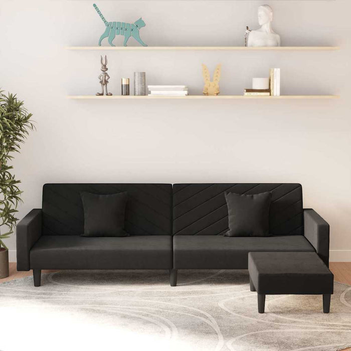 Canapea extensibilă 2 locuri, 2 perne&taburet, negru, catifea WALTI