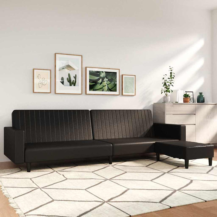 Canapea extensibilă 2 locuri şi taburet, negru, piele ecologică WALTI