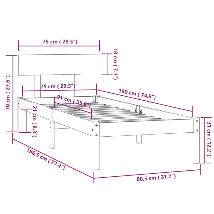 Cadru de pat mic single, negru, 75x190 cm, lemn masiv - WALTI WALTI