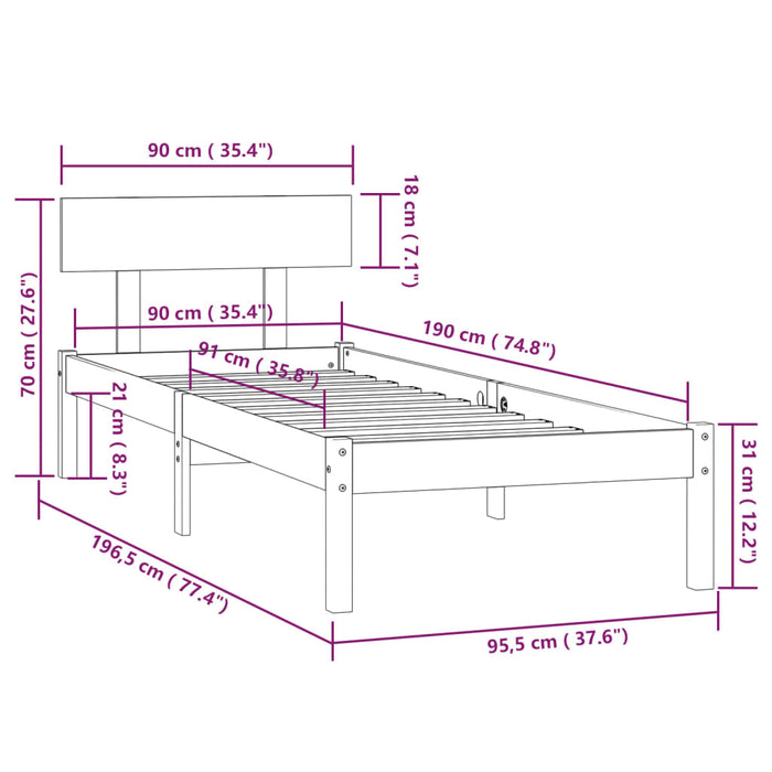 Cadru de pat single, maro miere, 90x190 cm, lemn masiv de pin - WALTI WALTI