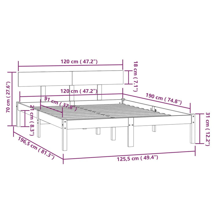 Cadru de pat mic dublu, gri, 120x190 cm, lemn masiv WALTI
