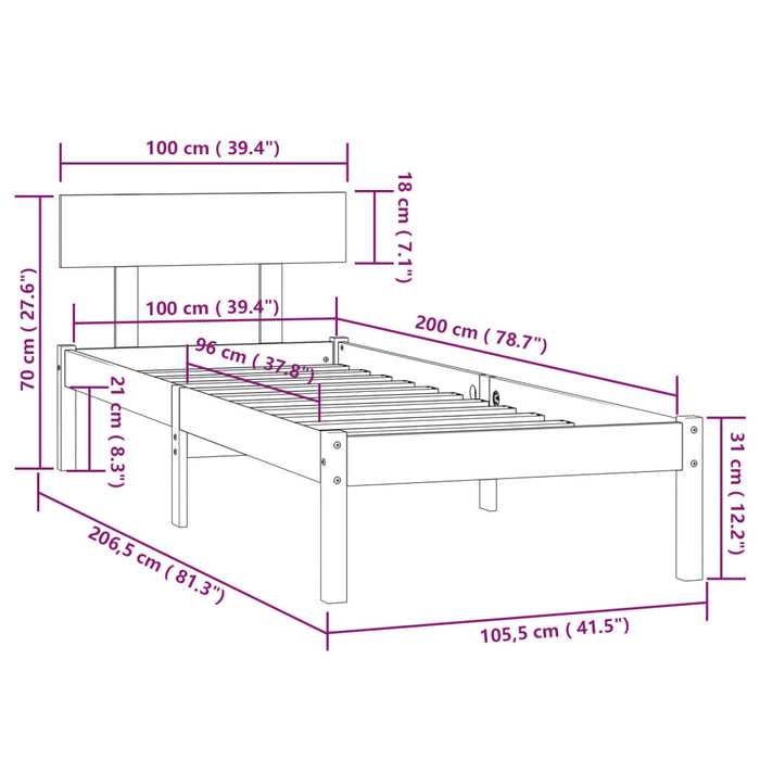 Cadru de pat, gri, 100x200 cm, lemn masiv de pin - WALTI WALTI