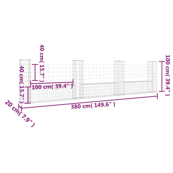 Coș gabion în formă de U cu 4 stâlpi, 380x20x100 cm, fier - WALTI WALTI