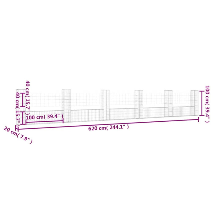 Coș gabion în formă de U cu 6 stâlpi, 620x20x100 cm, fier - WALTI WALTI