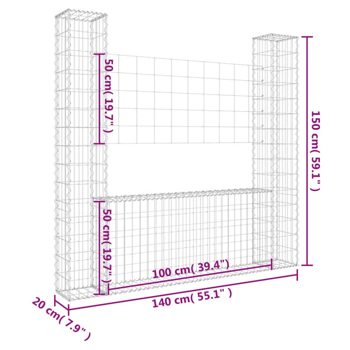 Coș gabion în formă de U, cu 2 stâlpi, 140x20x150 cm, fier - WALTI WALTI