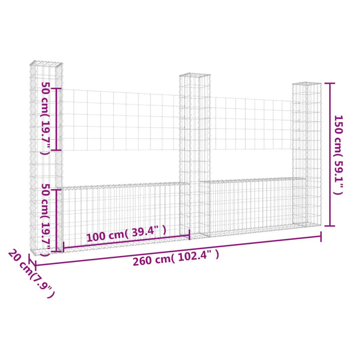 Coș gabion în formă de U cu 3 stâlpi, 260x20x150 cm, fier - WALTI WALTI