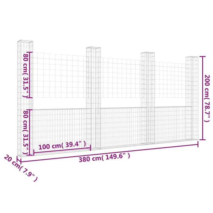 Coș gabion în formă de U cu 4 stâlpi, 380x20x200 cm, fier - WALTI WALTI