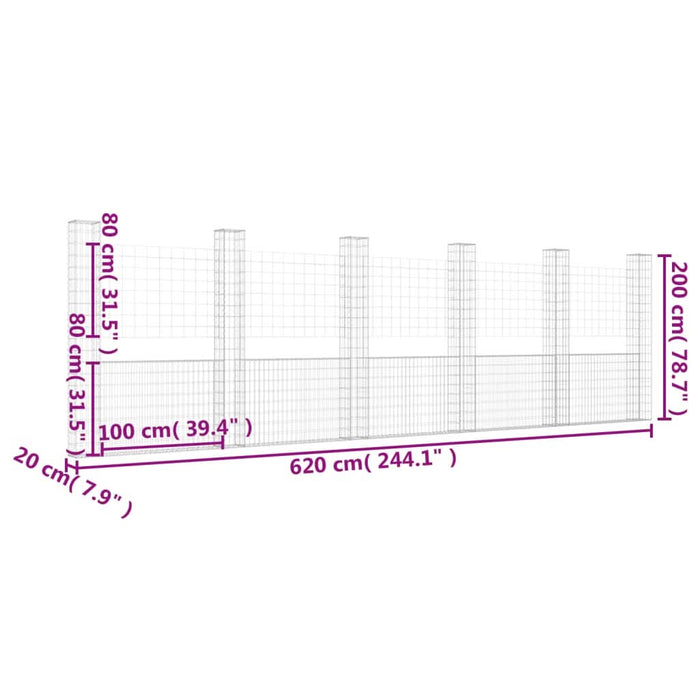 Coș gabion în formă de U cu 6 stâlpi, 620x20x200 cm, fier - WALTI WALTI
