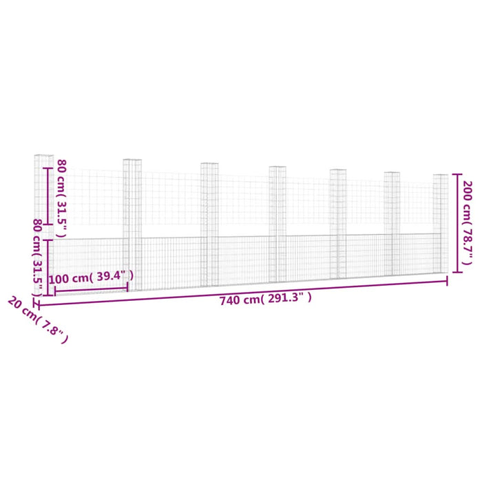Coș de gabion în formă de U cu 7 stâlpi, 740x20x200 cm, fier - WALTI WALTI