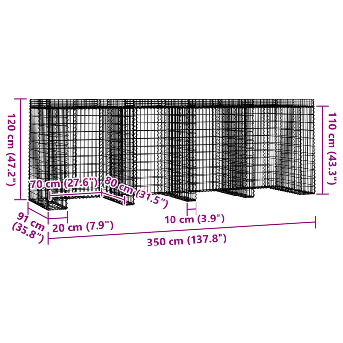 Perete gabion pentru pubela gunoi 350x91x120 cm fier galvanizat - WALTI WALTI