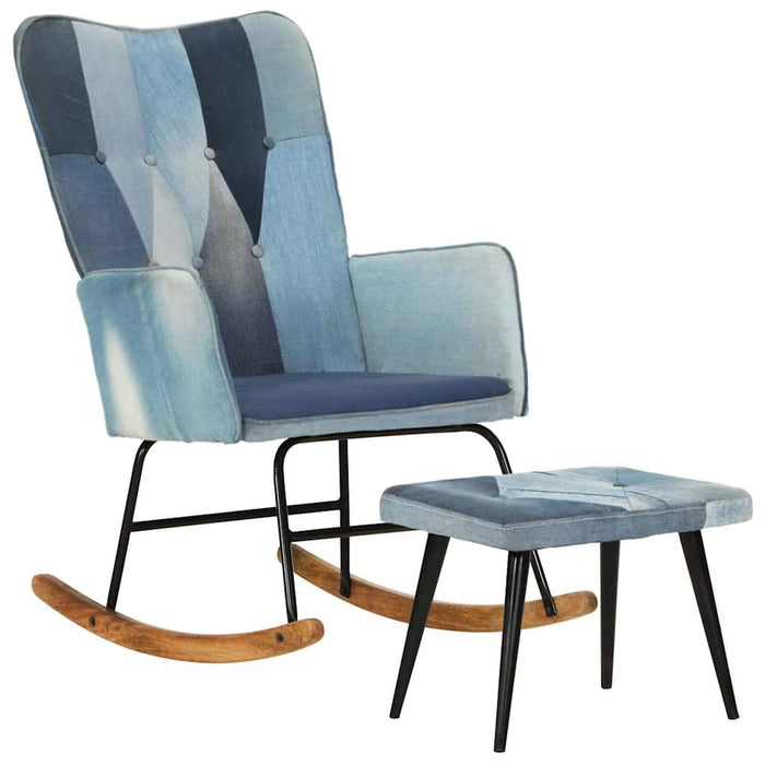 Scaun balansoar cu taburet, model mozaic, albastru denim, pânză WALTI