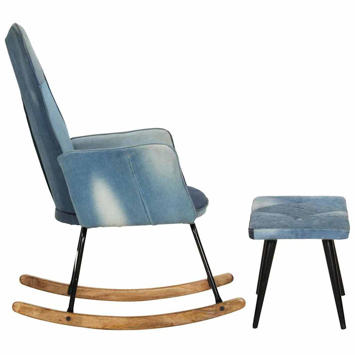 Scaun balansoar cu taburet, model mozaic, albastru denim, pânză WALTI