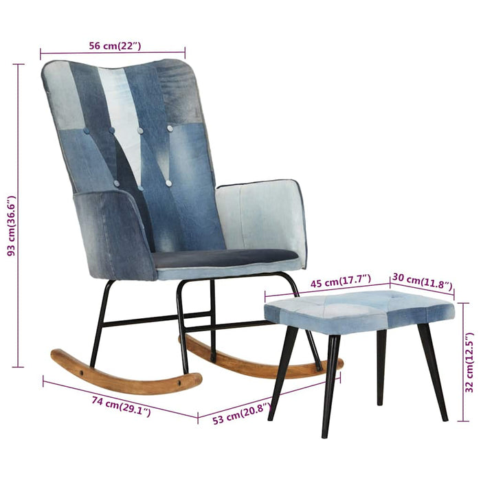 Scaun balansoar cu taburet, model mozaic, albastru denim, pânză WALTI