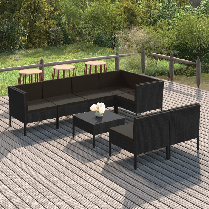 Set mobilier de grădină cu perne, 8 piese, negru, poliratan WALTI