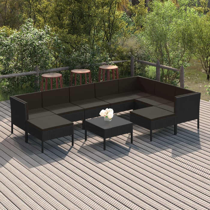 Set mobilier de grădină cu perne, 10 piese, negru, poliratan WALTI