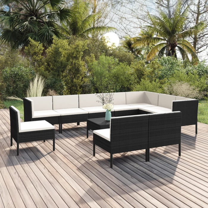 Set mobilier de grădină cu perne, 11 piese, negru, poliratan WALTI