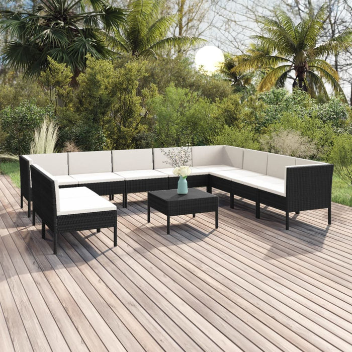 Set mobilier de grădină cu perne, 11 piese, negru, poliratan WALTI