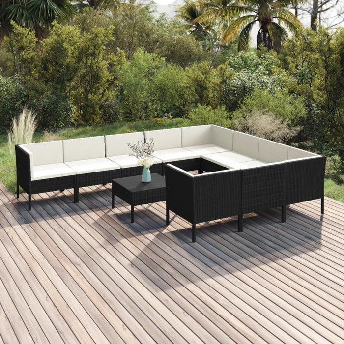 Set mobilier de grădină cu perne, 11 piese, negru, poliratan WALTI