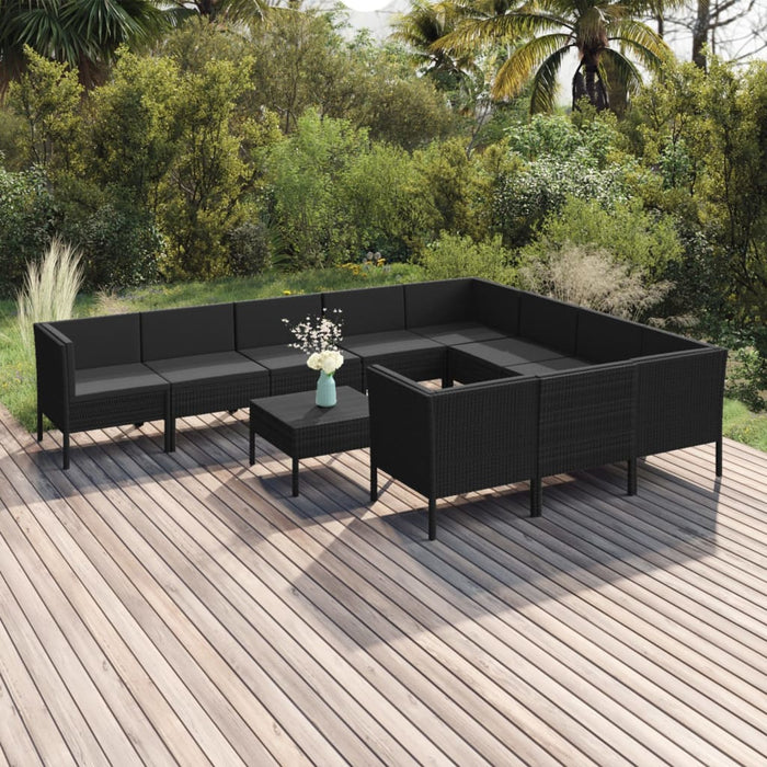 Set mobilier de grădină cu perne, 11 piese, negru, poliratan WALTI