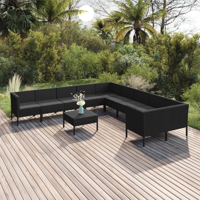 Set mobilier de grădină cu perne, 11 piese, negru, poliratan WALTI