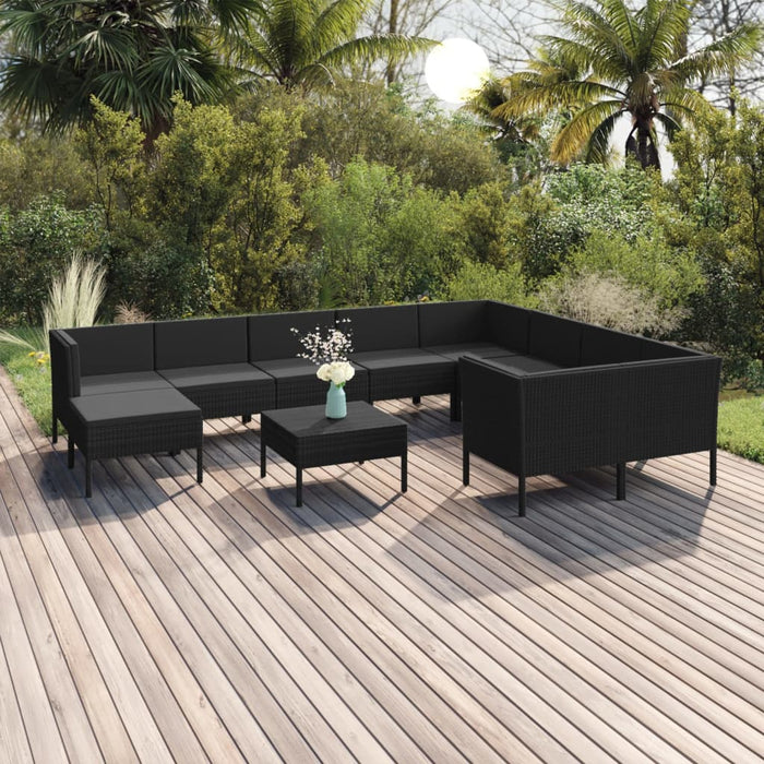 Set mobilier de grădină cu perne, 11 piese, negru, poliratan WALTI