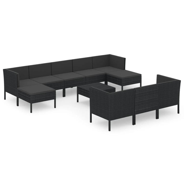 Set mobilier de grădină cu perne, 11 piese, negru, poliratan WALTI