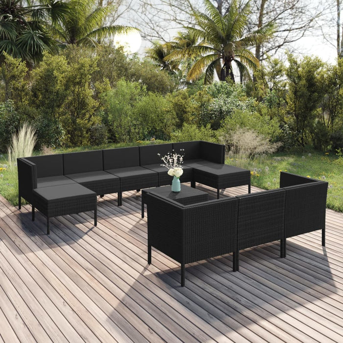 Set mobilier de grădină cu perne, 11 piese, negru, poliratan WALTI