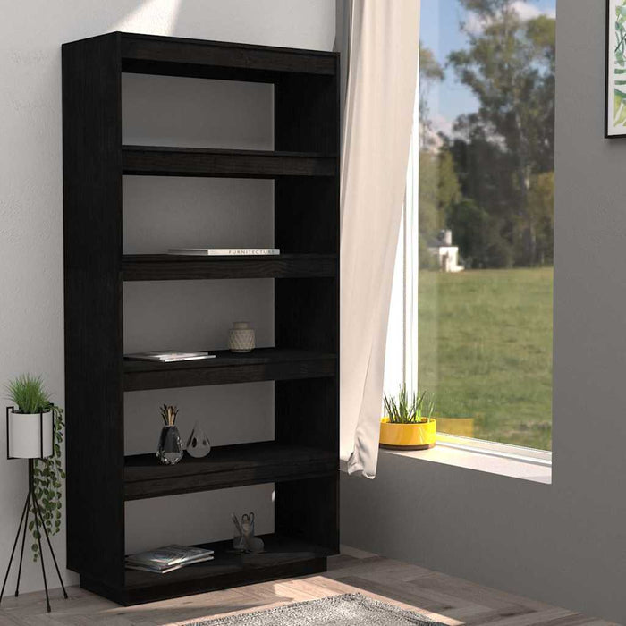 Bibliotecă/Separator cameră, negru, 80x35x167 cm lemn masiv pin WALTI